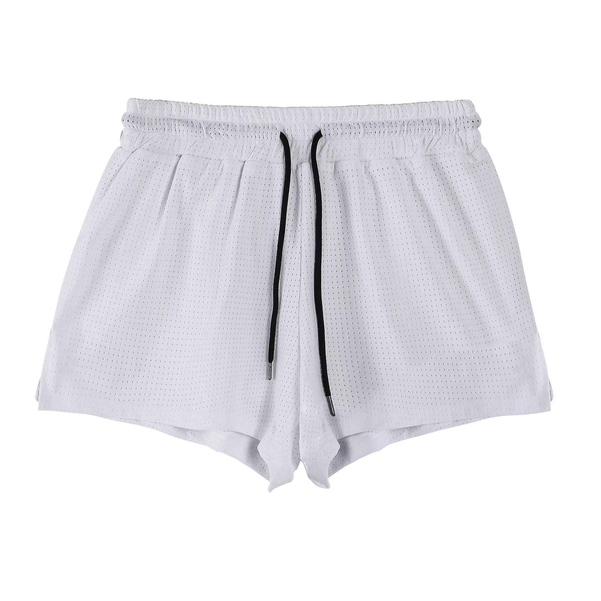 Men's black and white nylon shorts with a mid-waist design for summer sports.