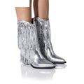 Women's black chunky heel boots with tassel detail on a mid-calf PU leather shaft.
