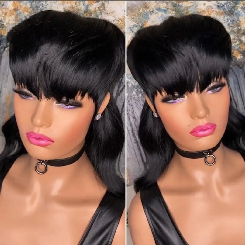 Brazilian style synthetic wig with black bangs, short hair at front and long hair at back.