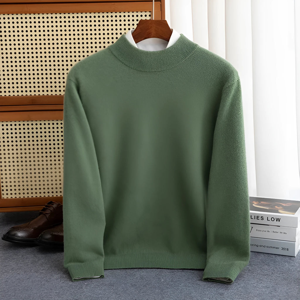 Men's loose fit half-collar wool sweater in a neutral colour on a hanger