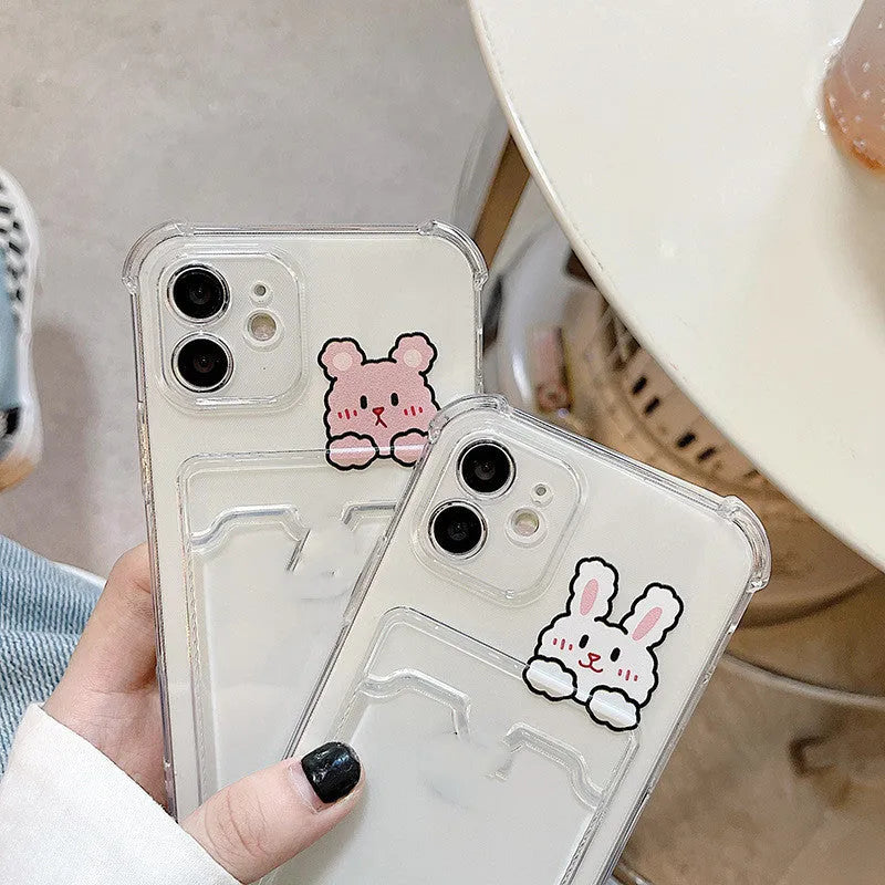 Transparent cartoon design TPU phone case with card holder for iPhone models