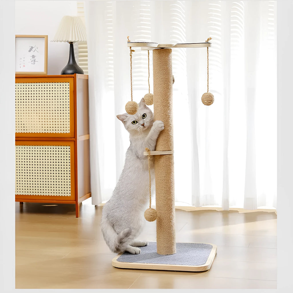 Cat climbing frame with hanging ball toy in windmill design made from pine wood with carpet leather scratching surfaces