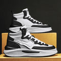 Men's black and white high-top platform board shoes with round toe and artificial PU material