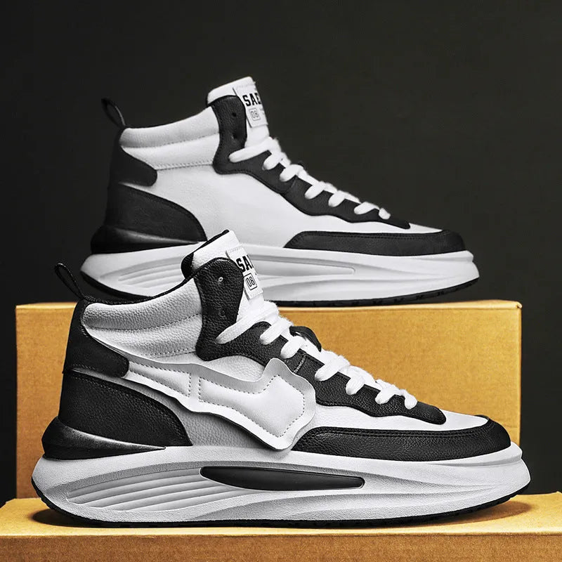 Men's black and white high-top platform board shoes with round toe and artificial PU material