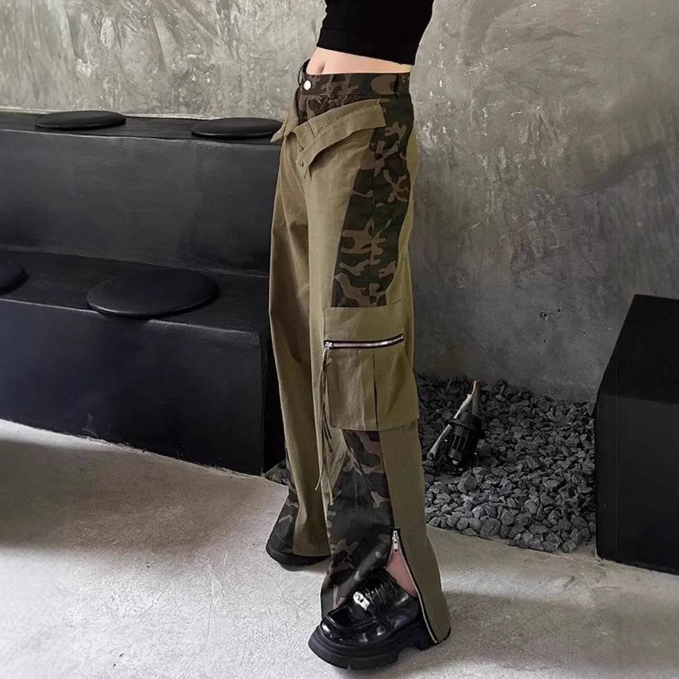 Women's dark khaki leopard print high waist jeans with straight leg cut and tooling style details