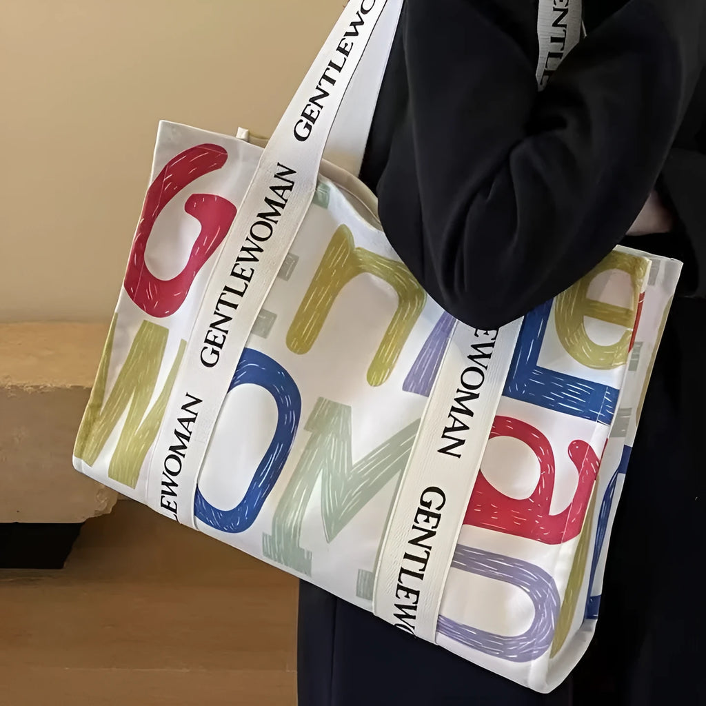 Large canvas tote bag with printed letter or pattern design for women