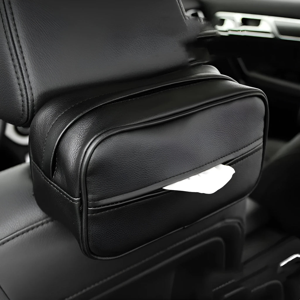 Black PU leather hanging storage box with paper bag liner, shown suspended.