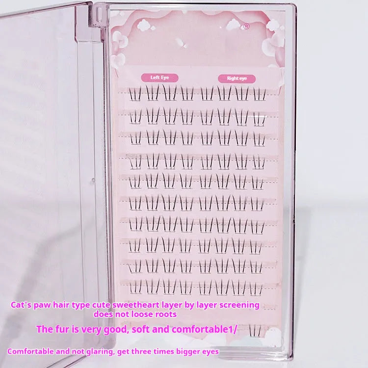 Segmented artificial eyelashes showing sheer root to pointed tail design in 12-row configuration