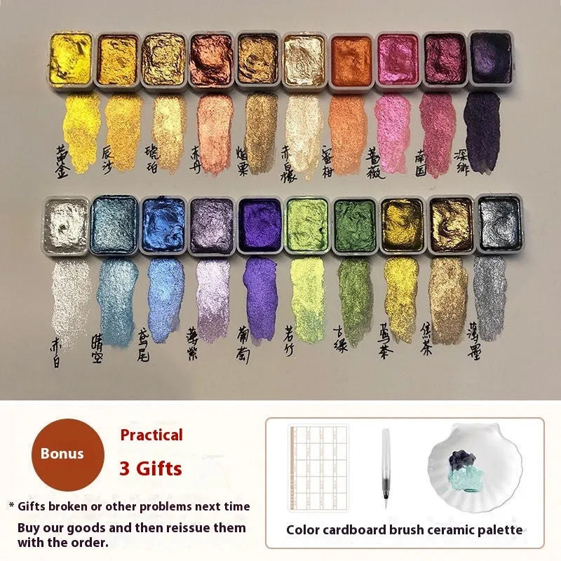 Traditional Chinese painting mineral pearlescent watercolour set showing 20 colours in tubes and pots