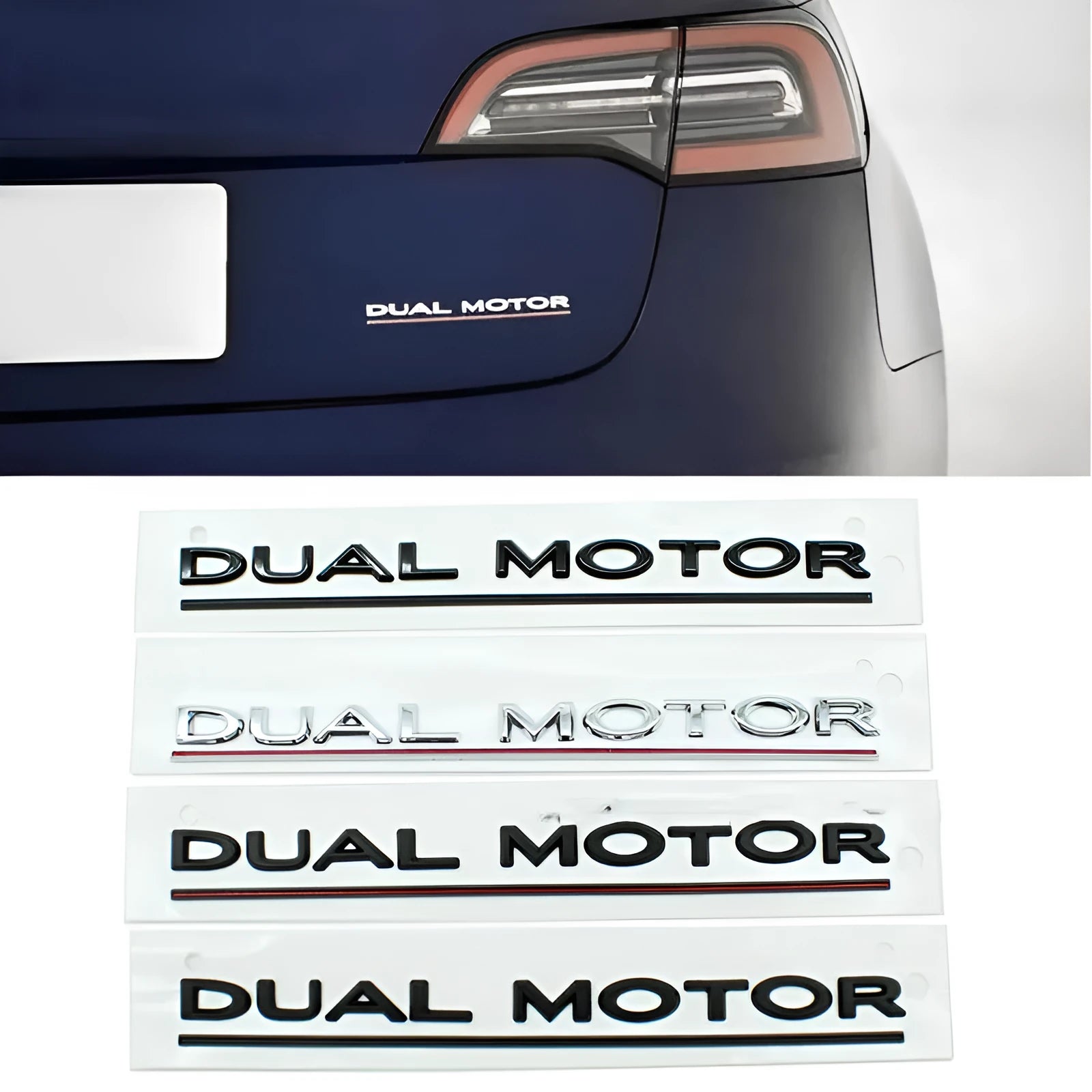 ABS plastic performance lettering bumper sticker for Tesla Model 3 in matte black and red stripes.