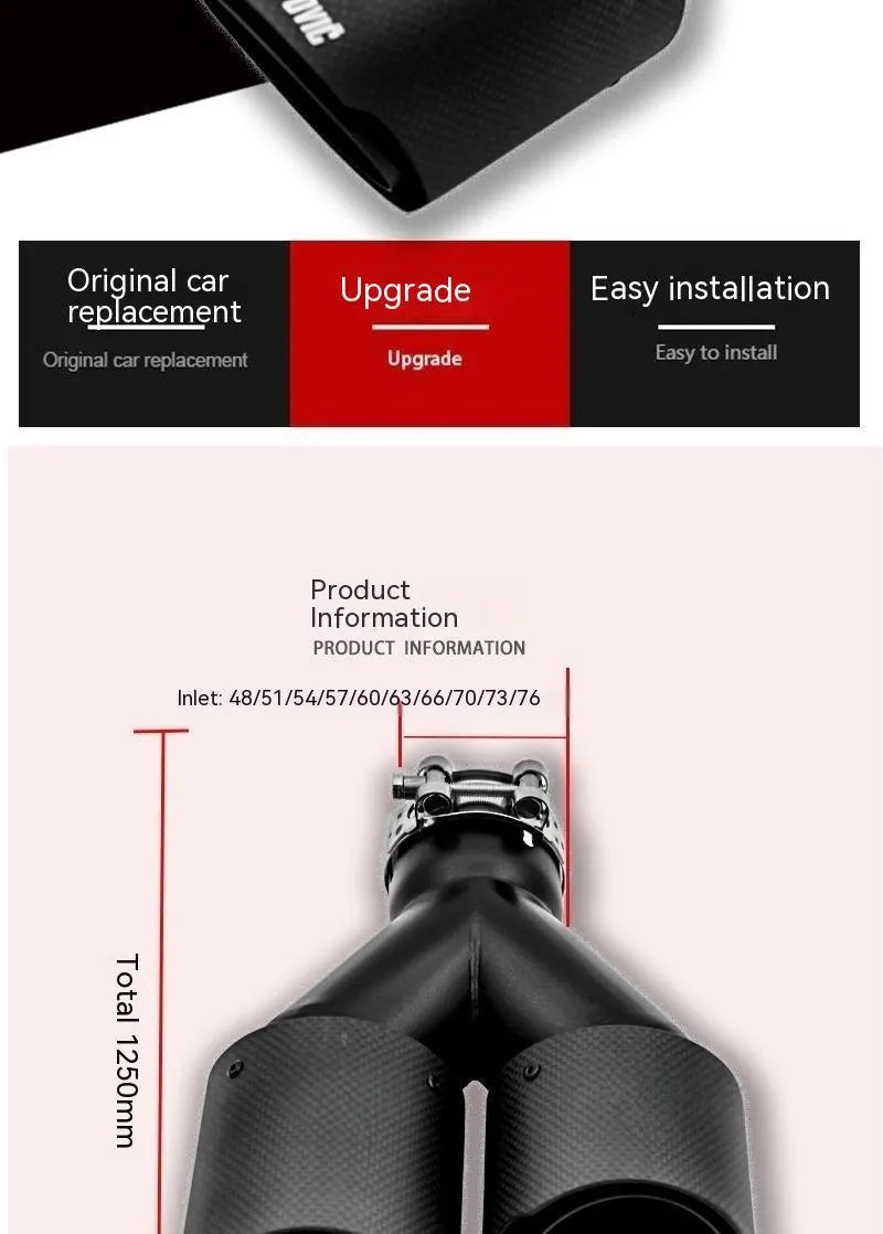 Black carbon fibre dual outlet car exhaust pipe with 250mm sizing for vehicle modification