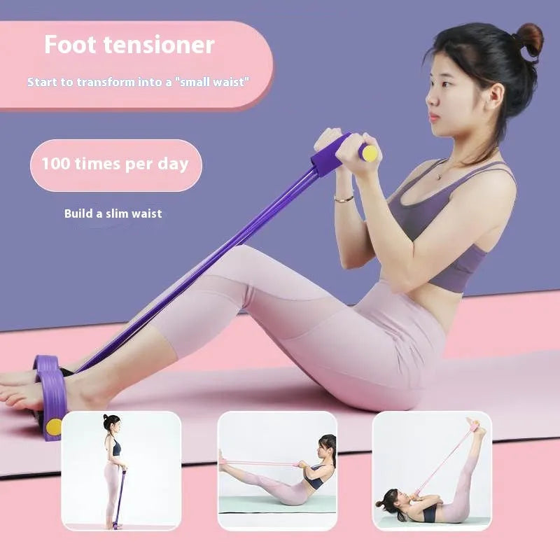 Yoga four-piece fitness set showing leg stretcher, ring, pedal device, and tension rope on a floor.