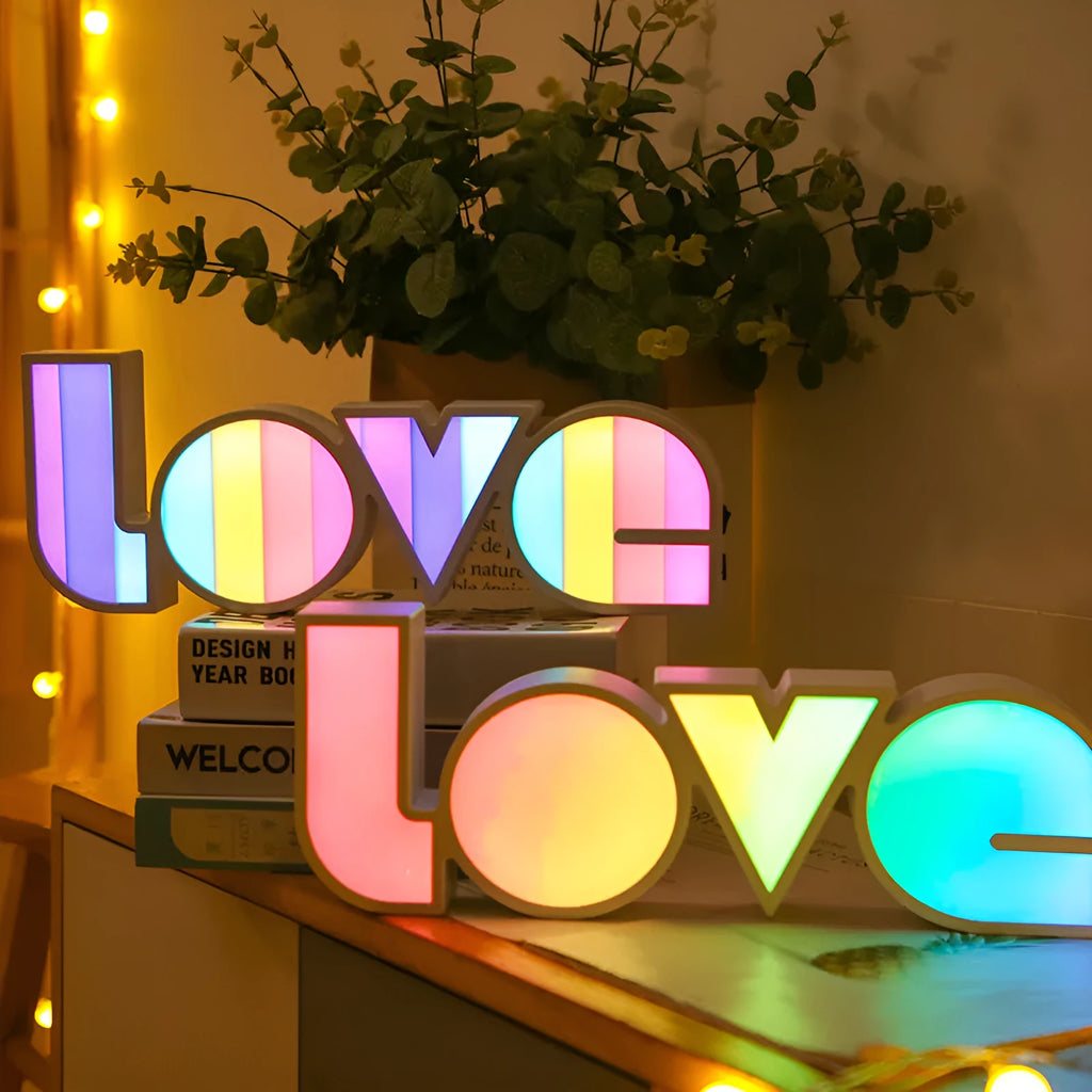 LED LOVE Light with rainbow-coloured lampshade displaying LOVE word for romantic decoration