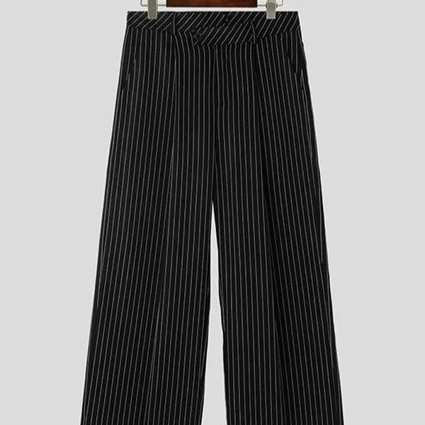 Black men's trousers with vertical stripes and front pleats on a high elasticity fabric.
