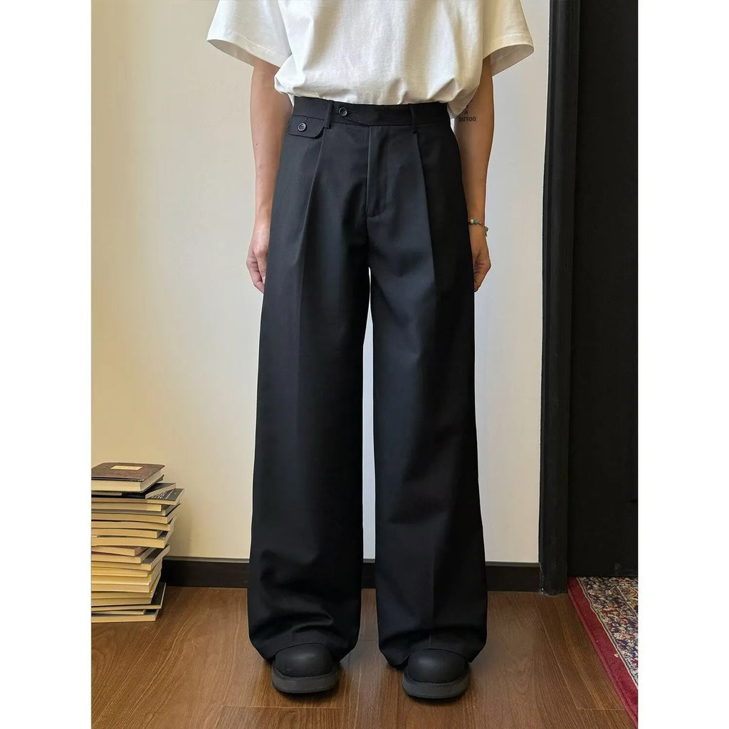 Men's brown casual suit pants with straight loose wide-leg fit and draping style