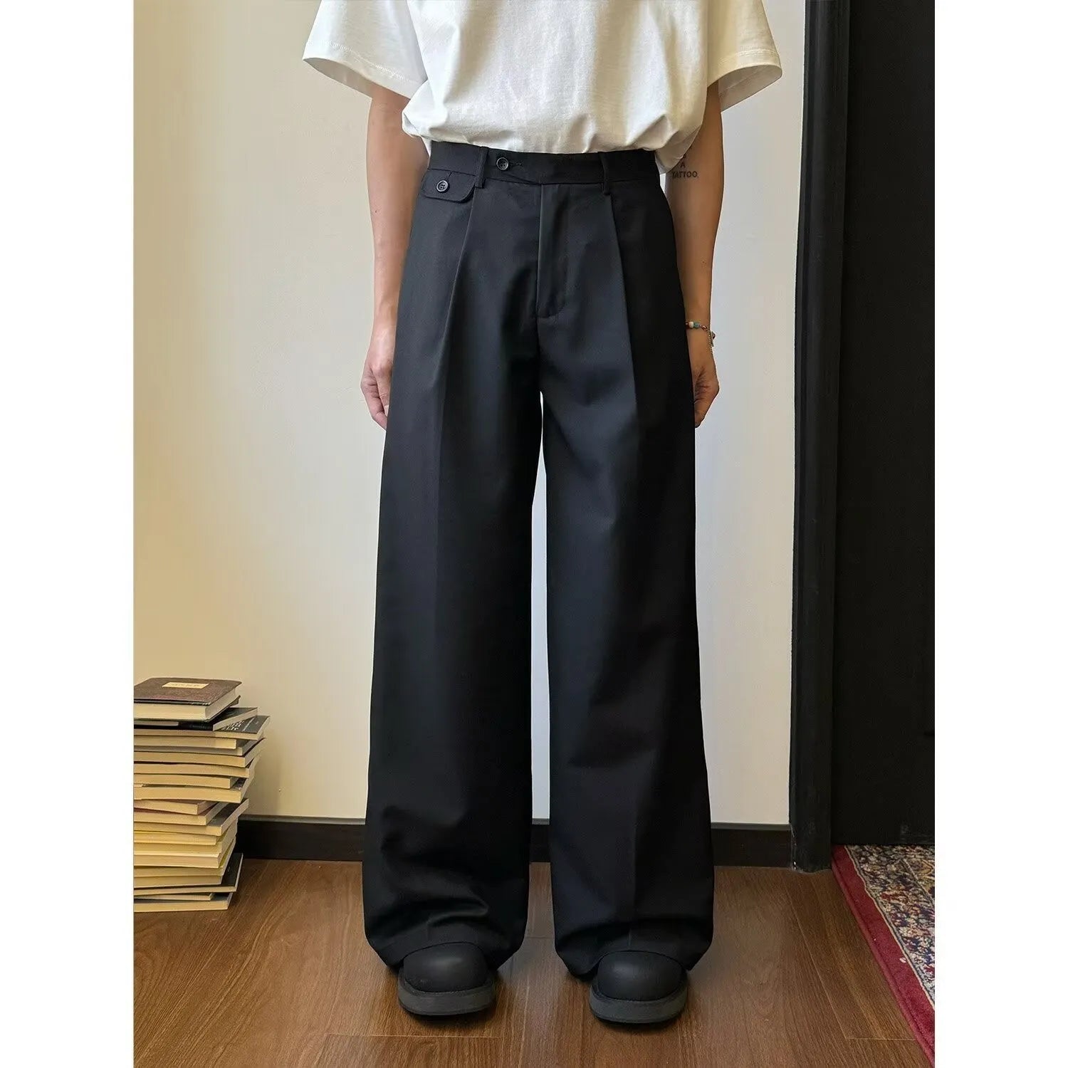 Men's brown casual suit pants with straight loose wide-leg fit and draping style