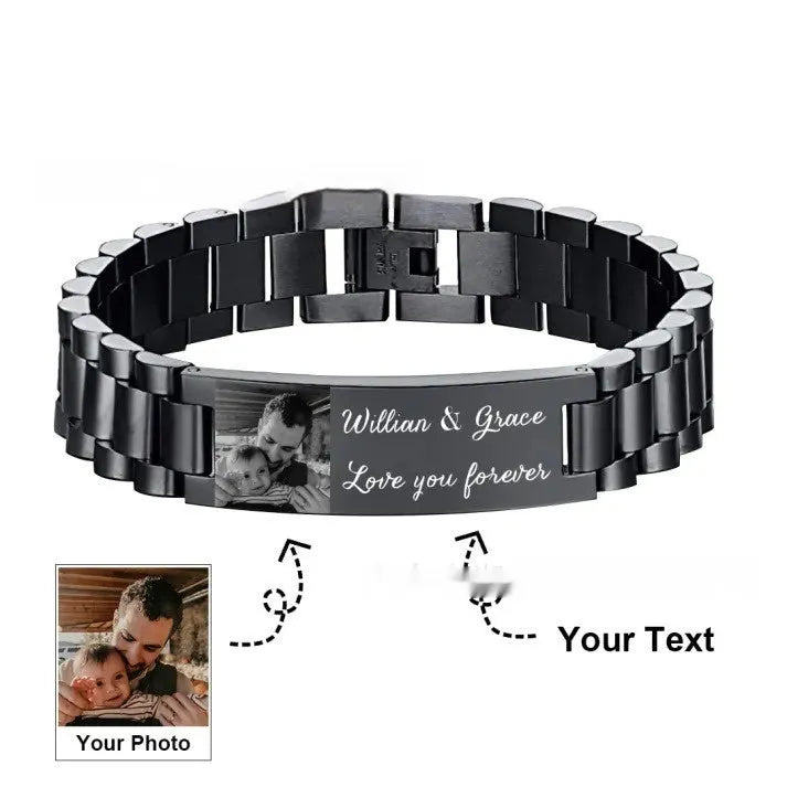 Men's titanium steel bracelet with curved heart shape and black lettering in a gift box.