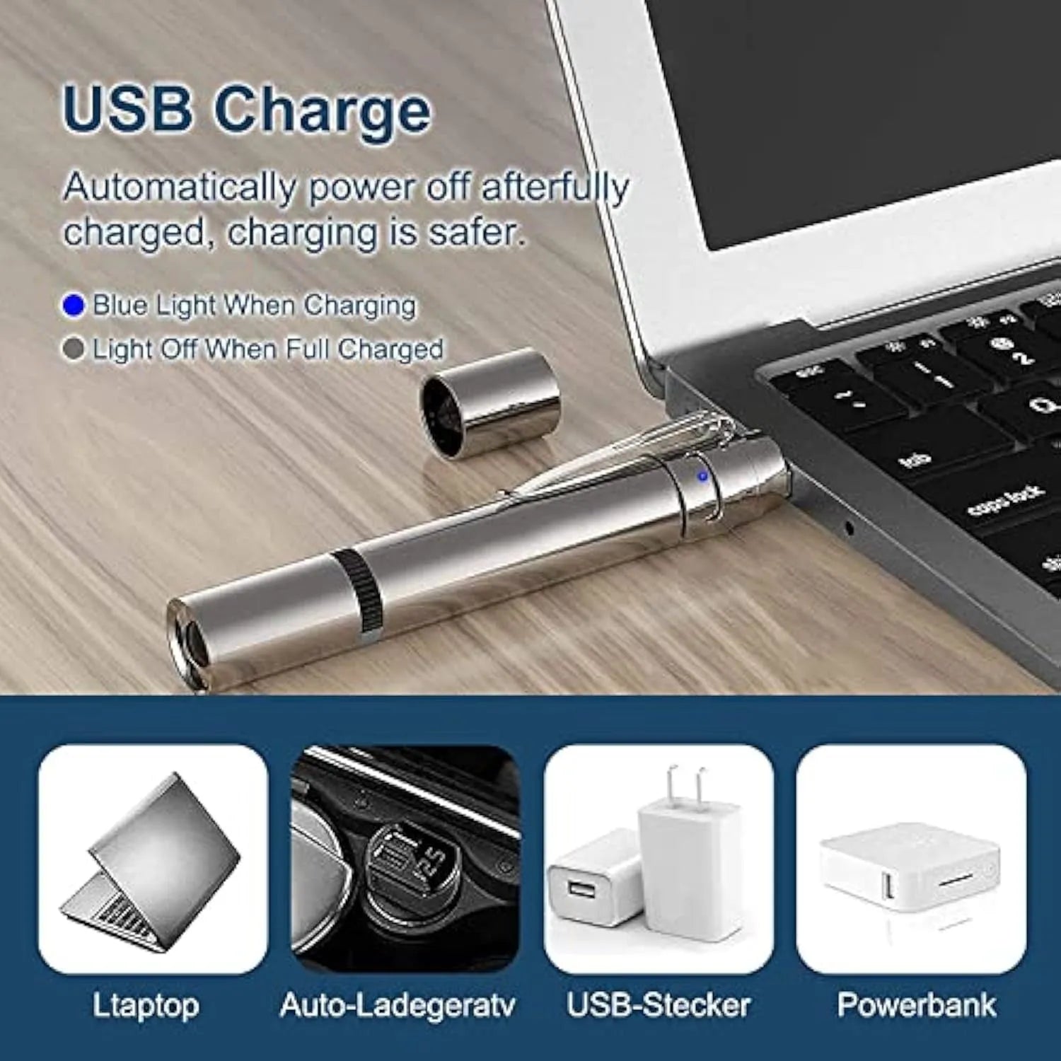 Silver aluminium cat laser pointer toy with USB charging port and selection gear