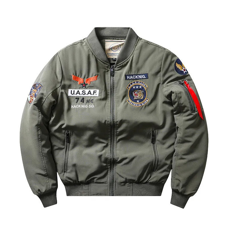 Men's slim-fit Harley motorcycle embroidered cotton-padded coat in blue with stand collar and patch pockets