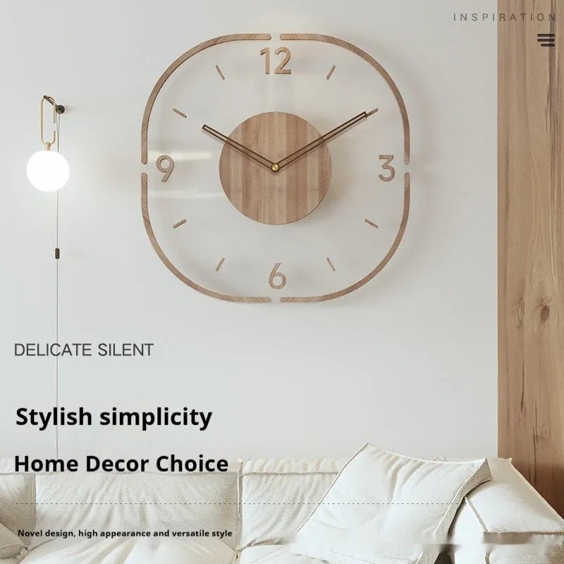 Transparent wooden wall clock with modern square design measuring 35cm