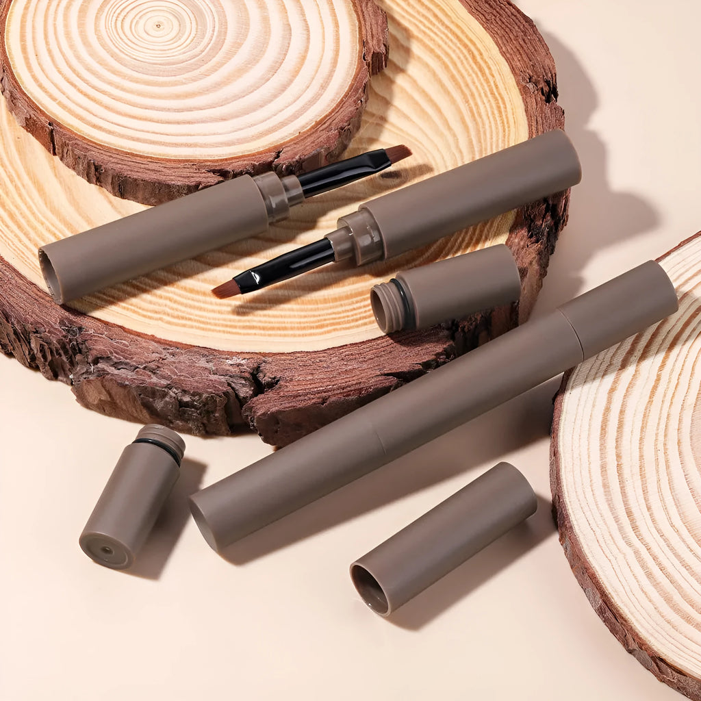Double-headed eyebrow cream in five shades including reddish brown, brown, light brown, dark brown, and black