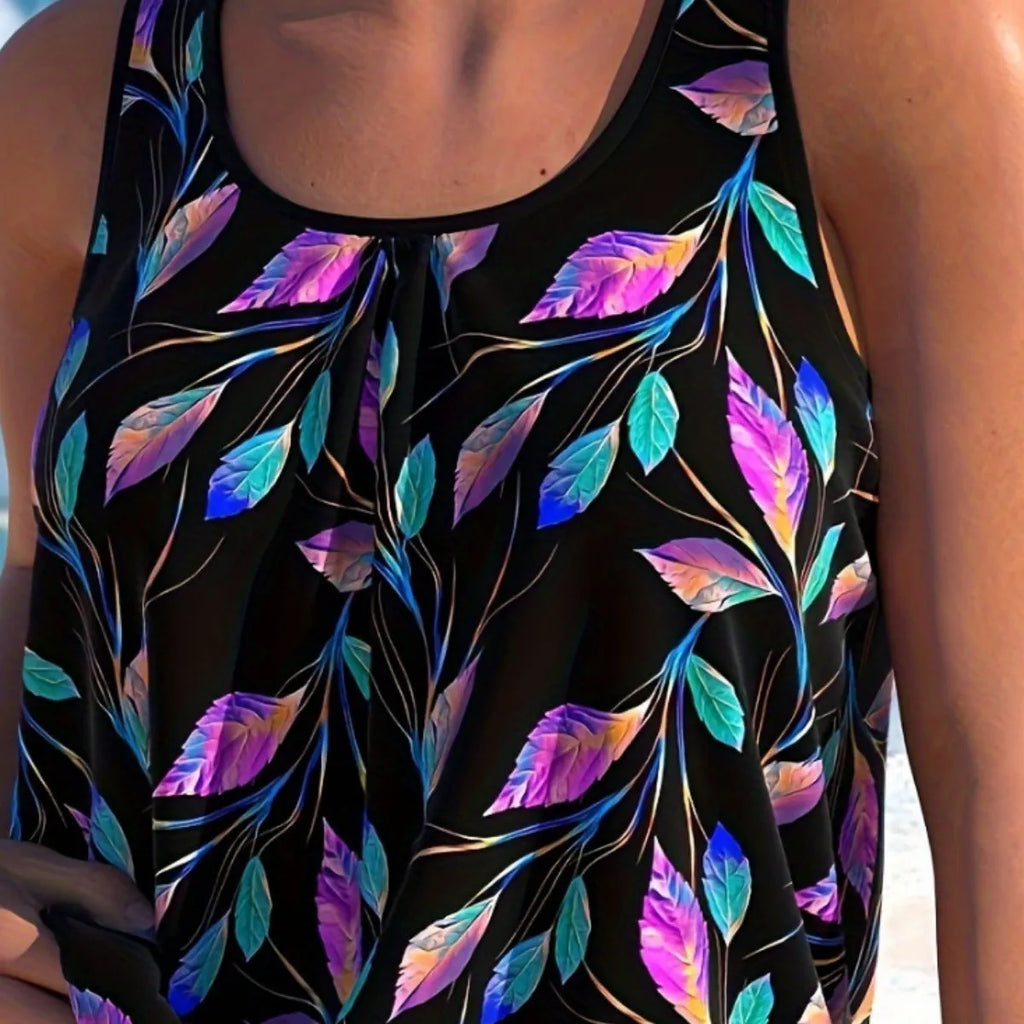 Women's plus-size leaf design two-piece swimsuit set in solid colour on a mannequin.