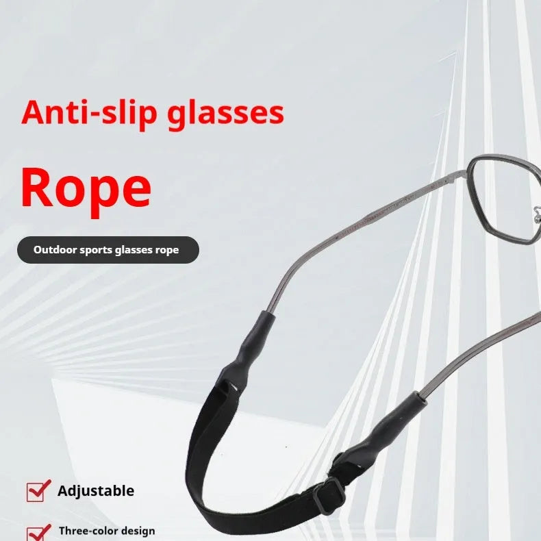 Black adjustable glasses retention cord with silicone temple hooks and fibre rope, shown in adult and children's sizes.