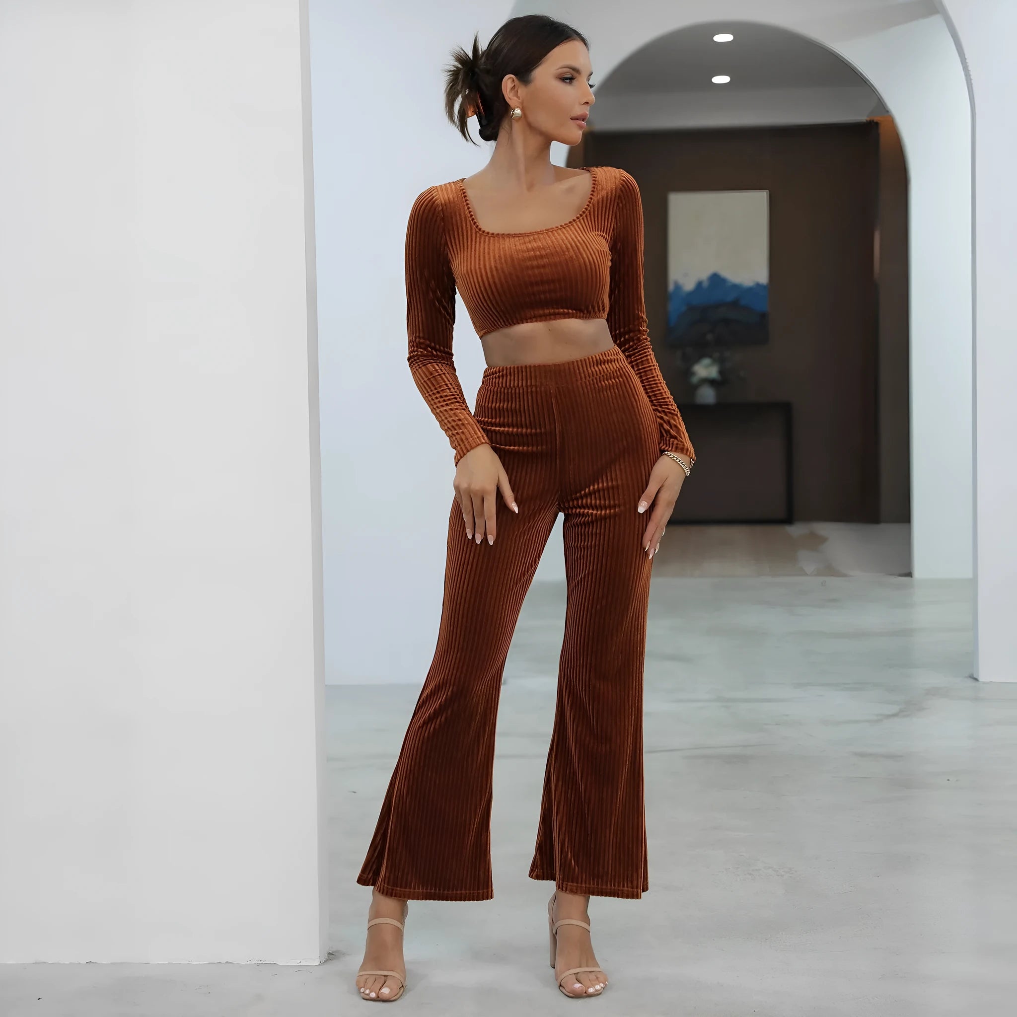 Caramel coloured long sleeve knit sweater and matching trousers casual set