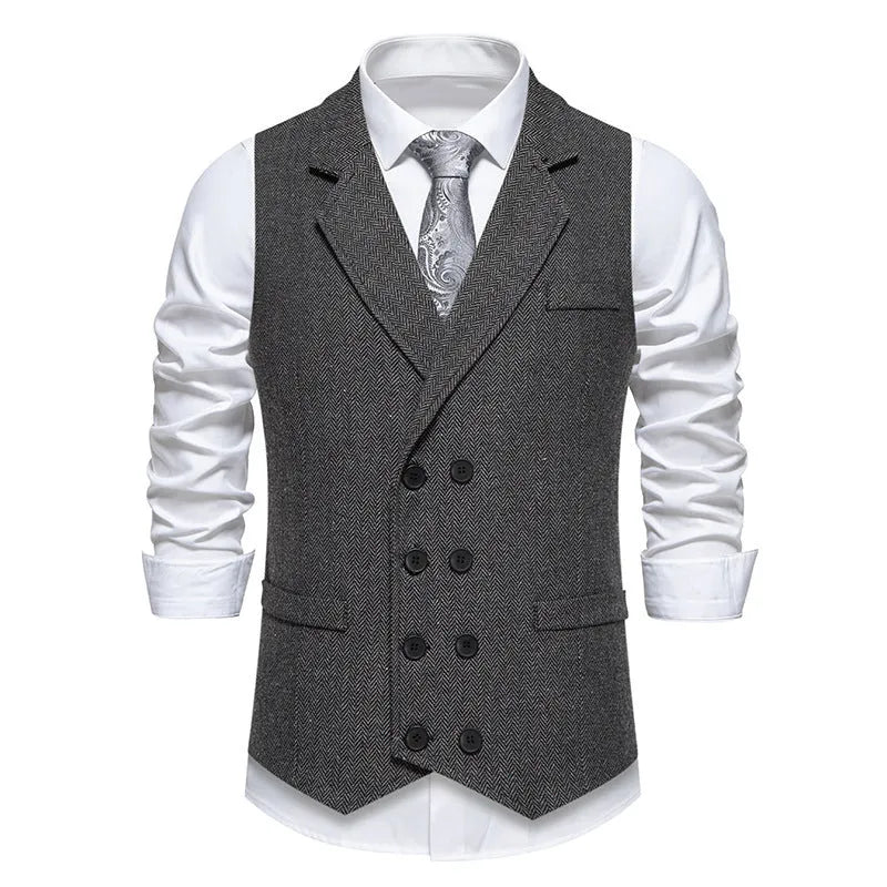 Men's herringbone tweed double breasted slim fit suit vest in dark gray