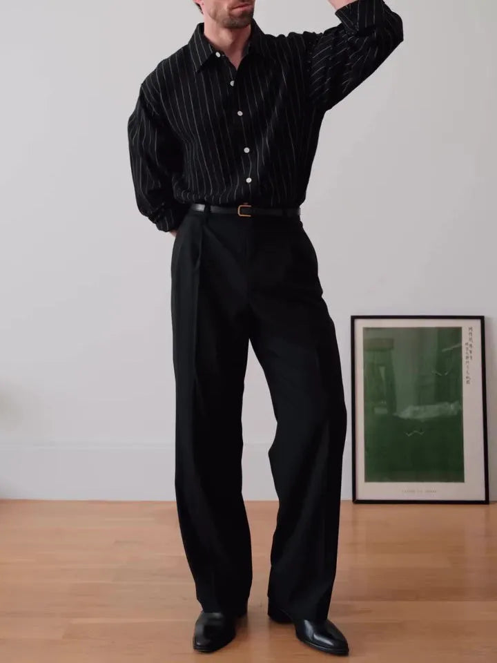 Black pinstriped button-down polyester shirt with regular fit for daily wear