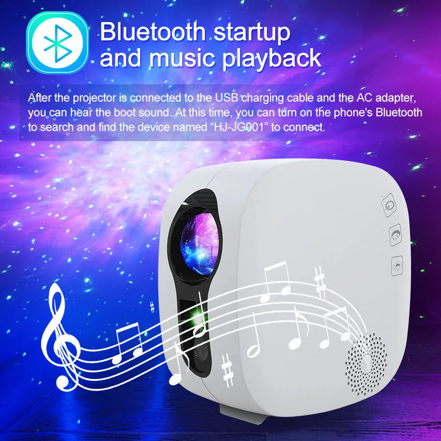 White modern minimalist laser star projector displaying nebula and moon projection on ceiling