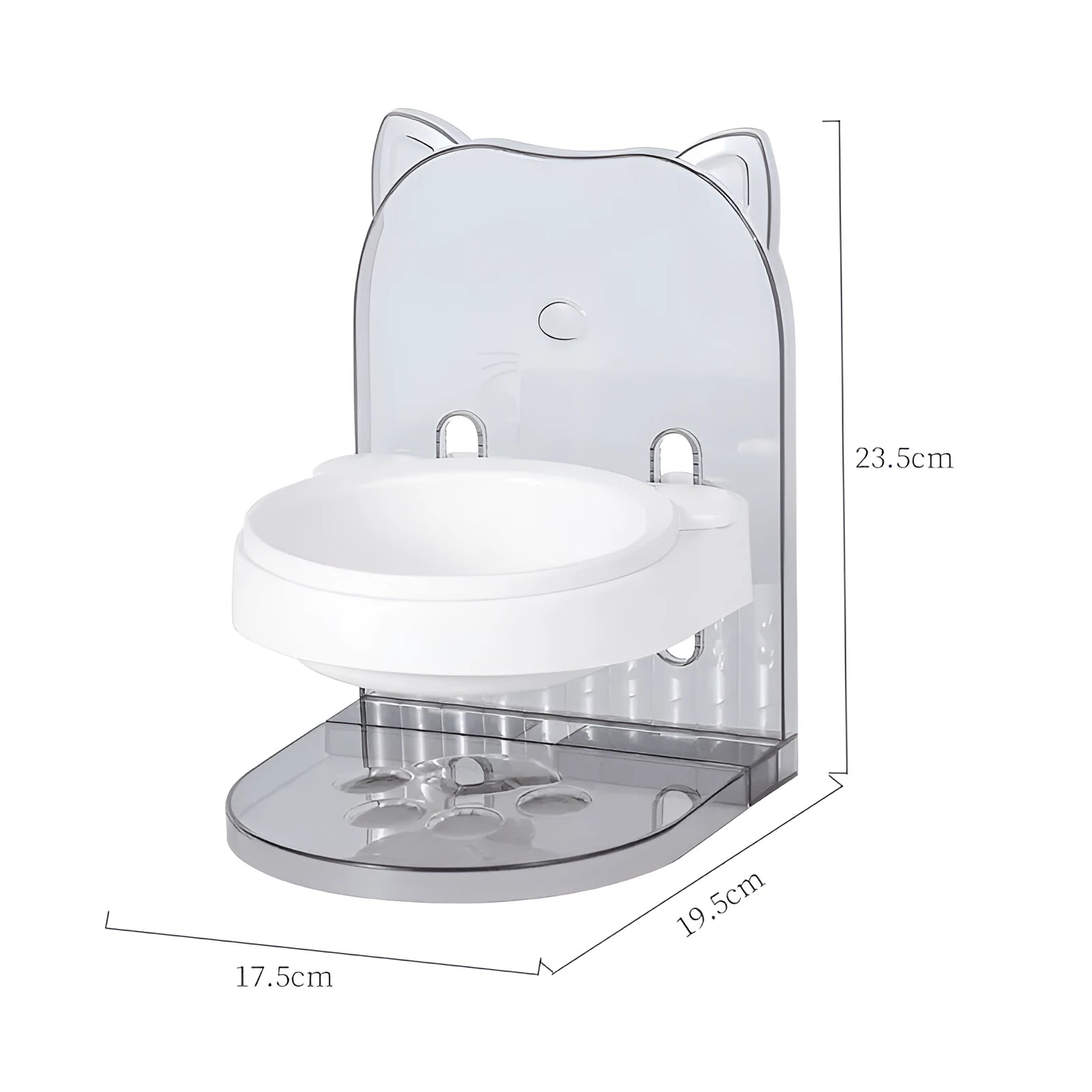 Grey and pink cat feeding bowls with anti-spill design, adjustable height, and removable hanging cage