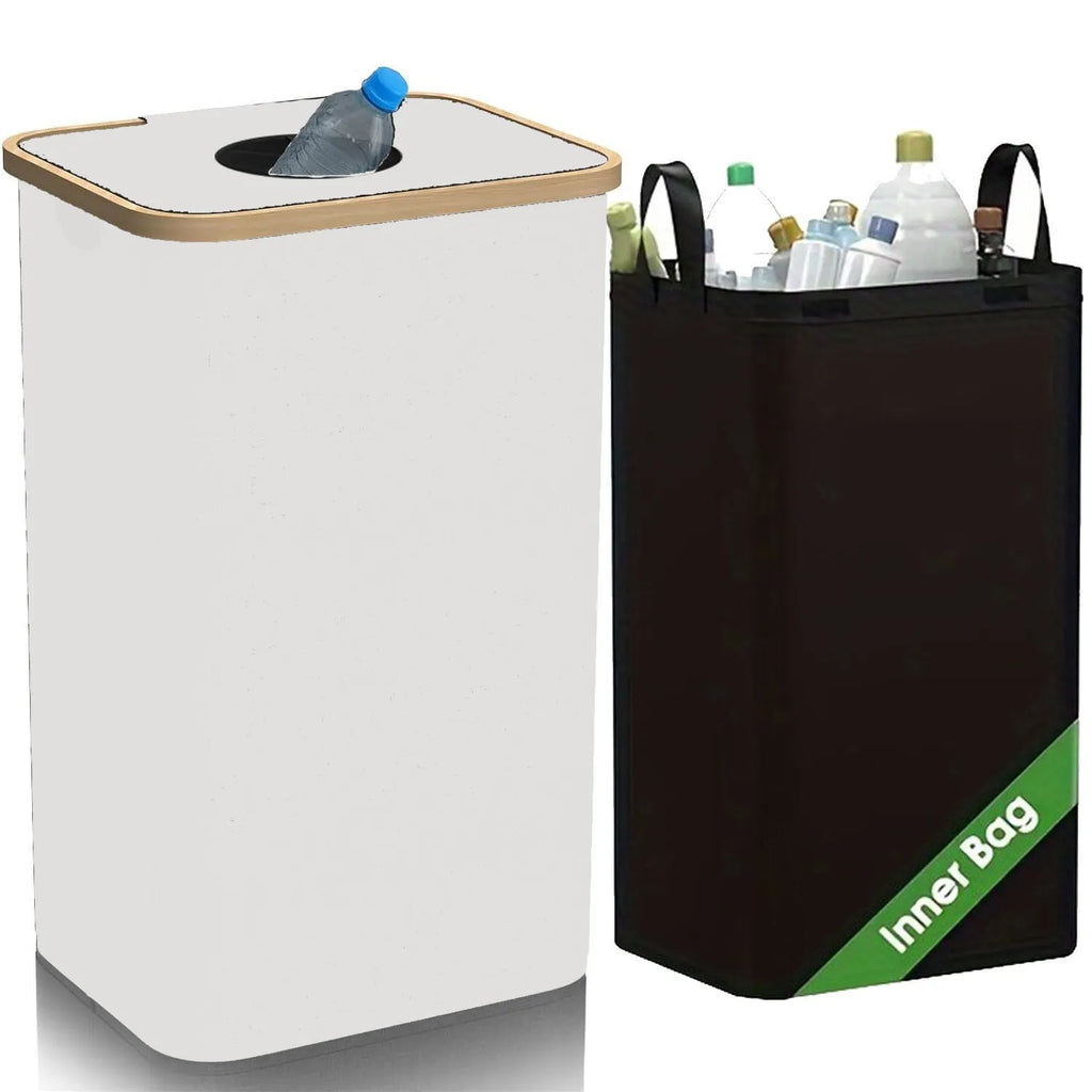 Black bamboo storage basket with removable lid and double inner pockets for recycling organisation