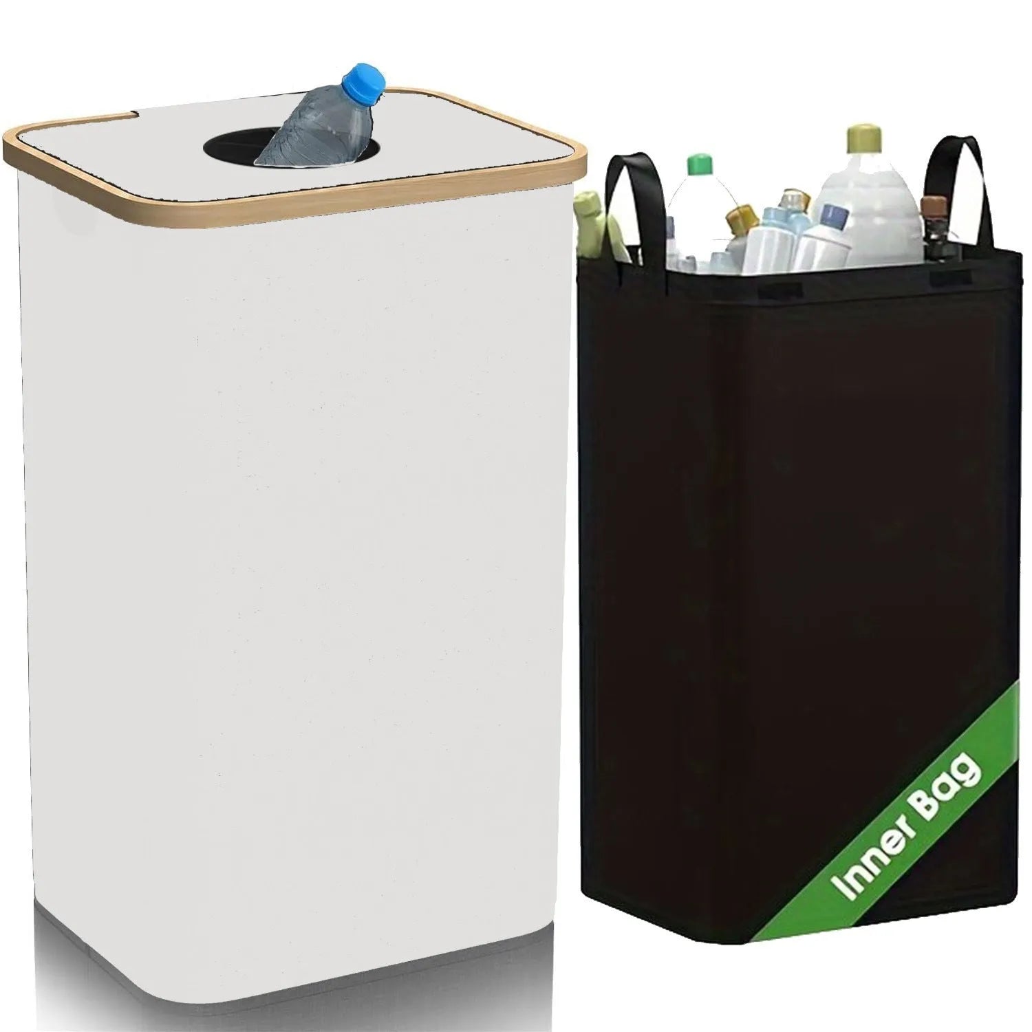 Black bamboo storage basket with removable lid and double inner pockets for recycling organisation