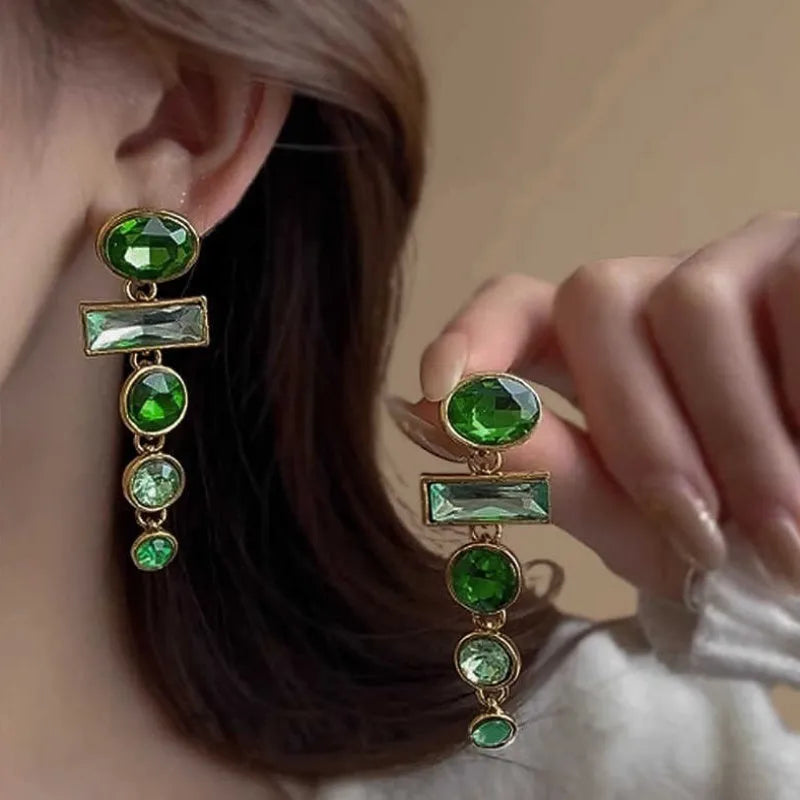 Green gradient geometric Chinese style alloy earrings with zircon inlay and tassel detailing
