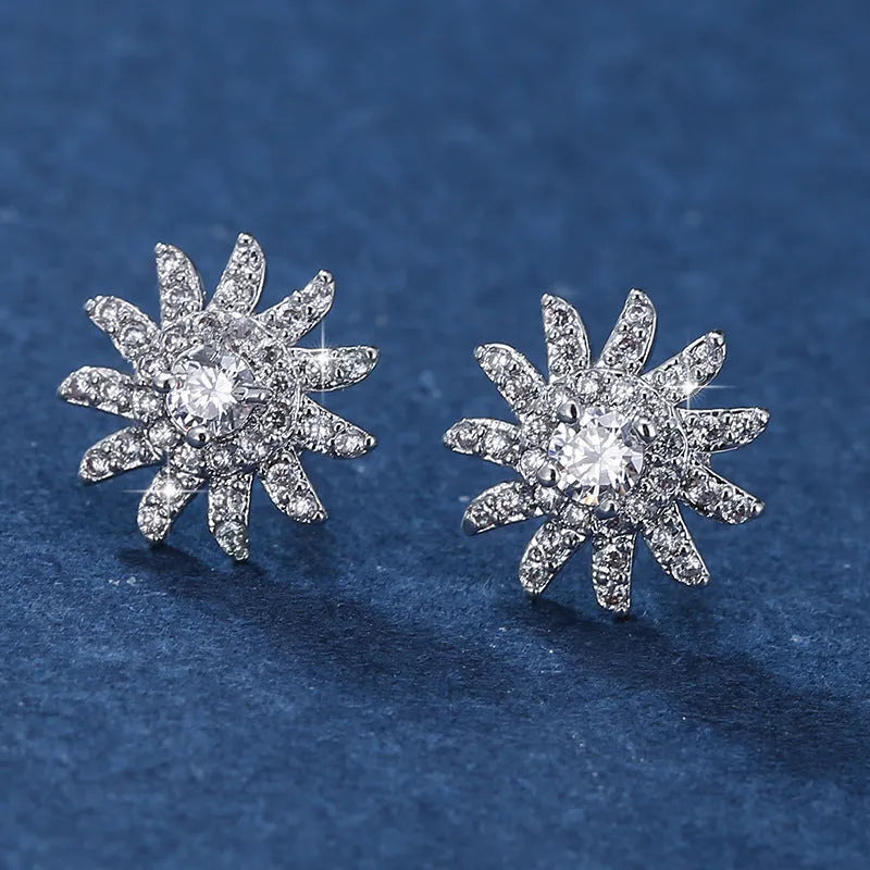 SUNFLOWER gold white and platinum white zircon mosaic copper ear studs pair
