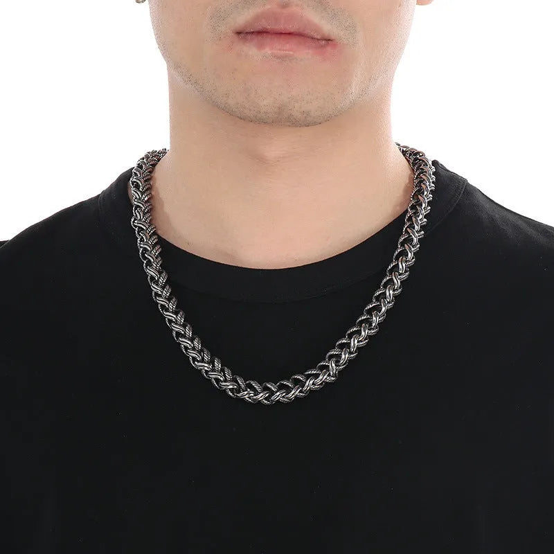 Men's titanium steel keel chain necklace with geometric pendant and large hemp flower links
