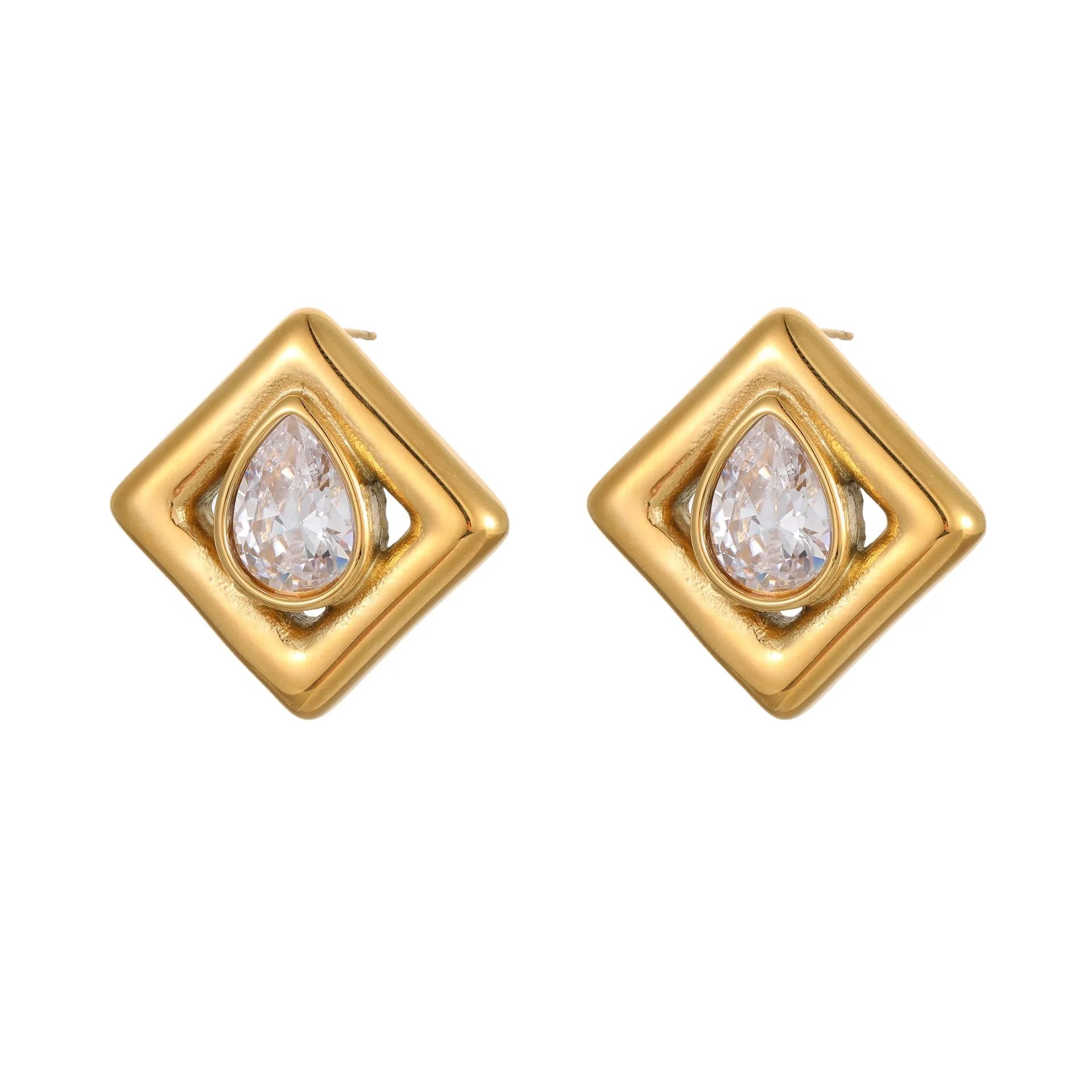 Gold geometric stud earrings with water drop zircon inlaid detail on stainless steel