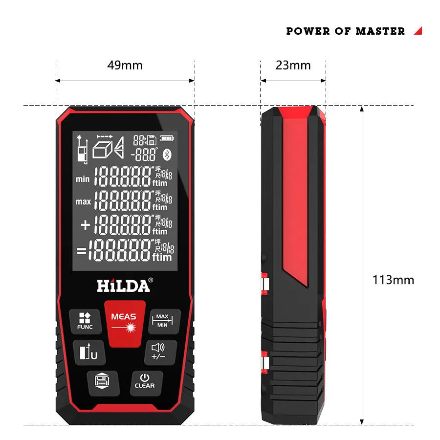 Handheld plastic digital laser rangefinder for measuring distances up to 120 metres.