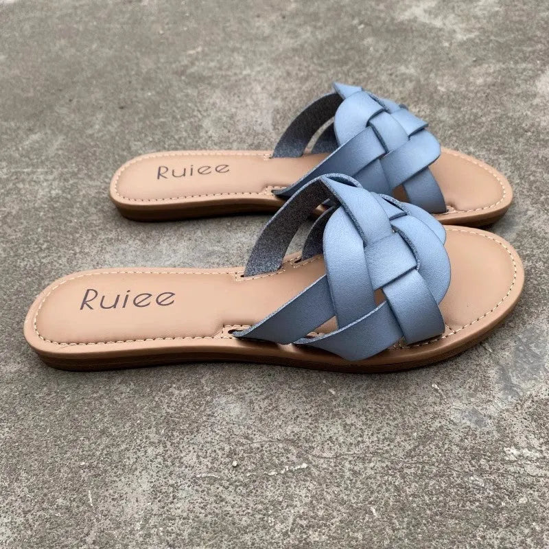 Women's flat slippers suede PU upper rubber sole casual open toe summer black