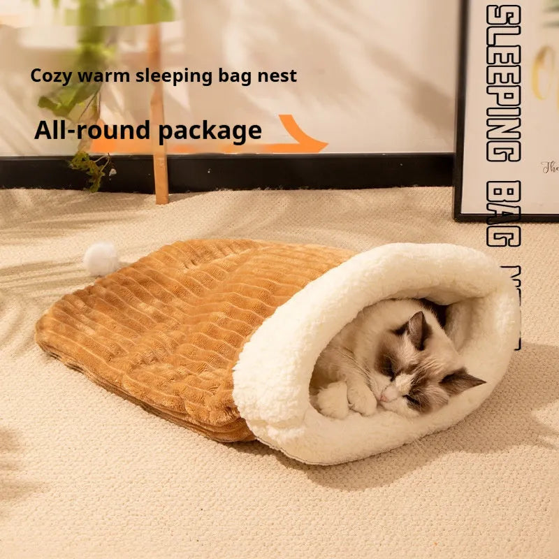 Blue rabbit print and pink Trojan print flannel cat sleeping bag nests, each 50x40cm.