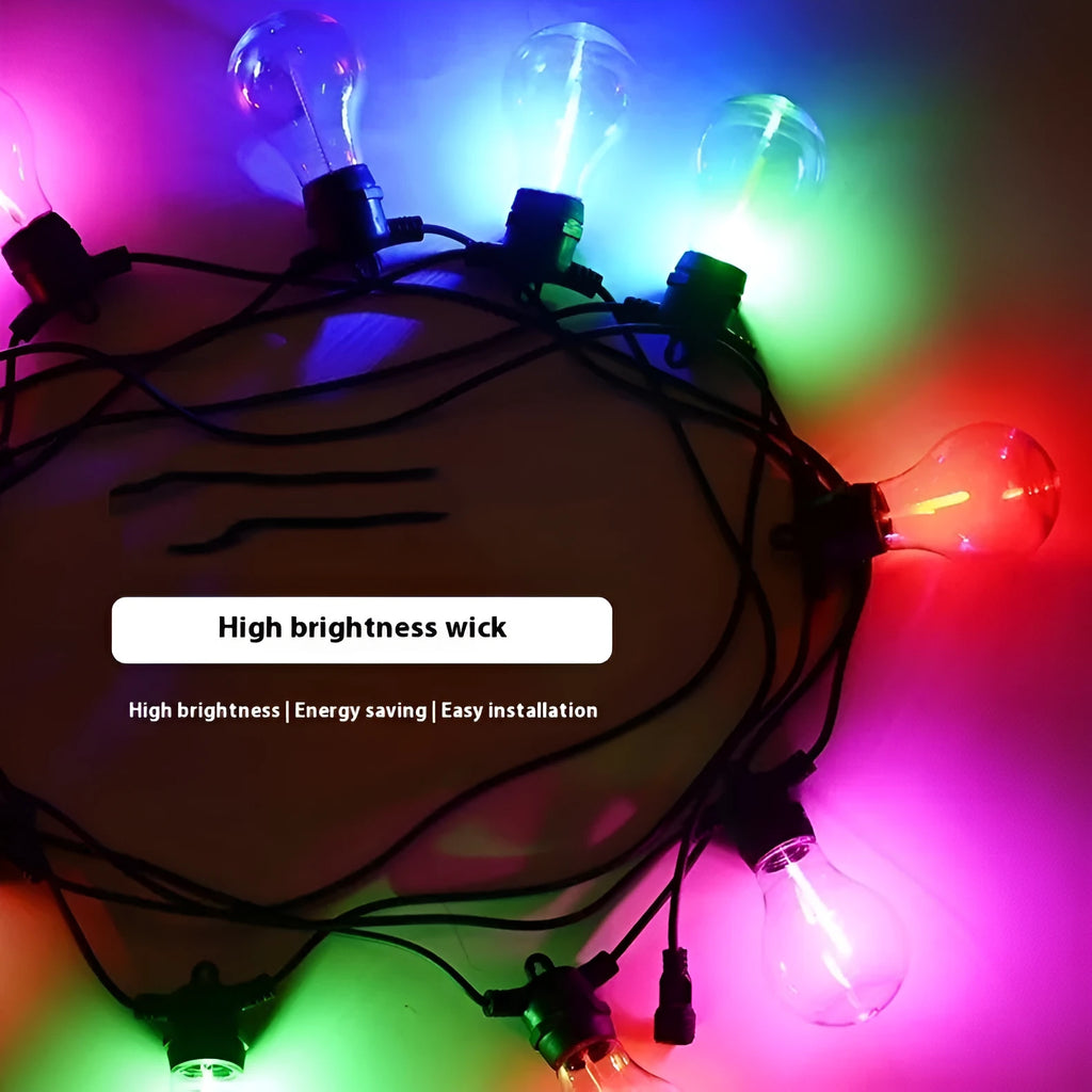 Outdoor decorative string lights with 10 A60 LED bulbs in waterproof construction for wedding and garden use