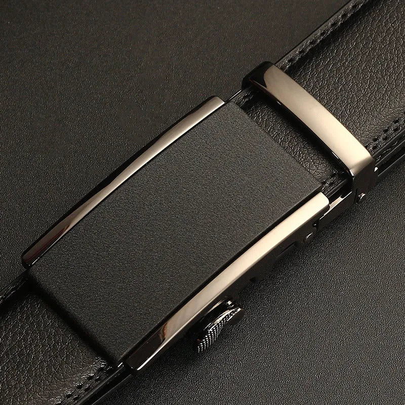 Men's genuine two-layer cowhide leather automatic buckle belt with embossed patent finish and electroplated alloy buckle