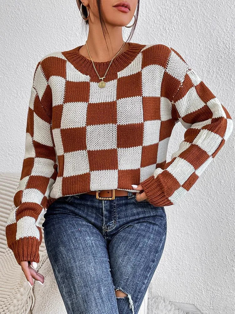 Dark brown plaid pattern acrylic pullover sweater with long sleeves and round neck