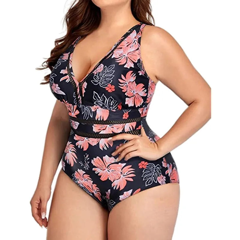 Black printed plus size women's bikini swimsuit with stitching detail in larger sizes