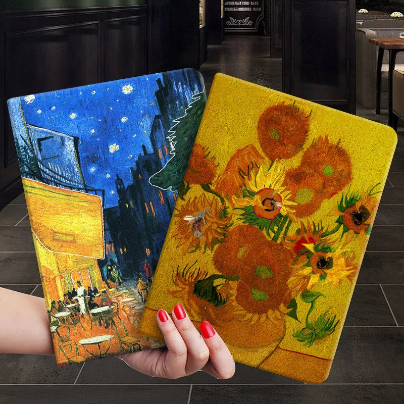 Handmade liquid silicone iPad case with flip cover shown in floral design colours.