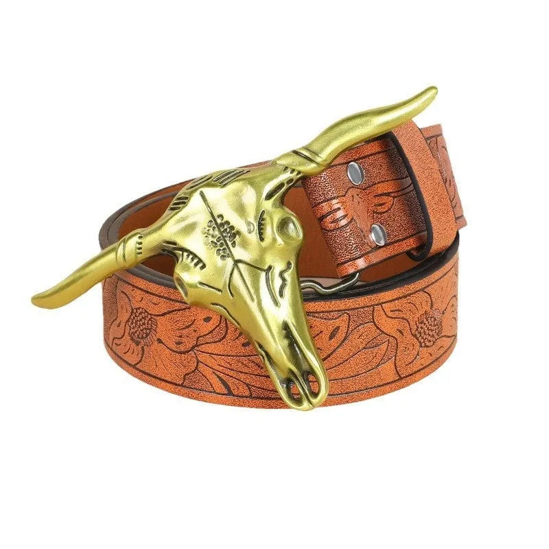 Men's black imitation leather belt with a detailed silver alloy cow head buckle shown fastened.