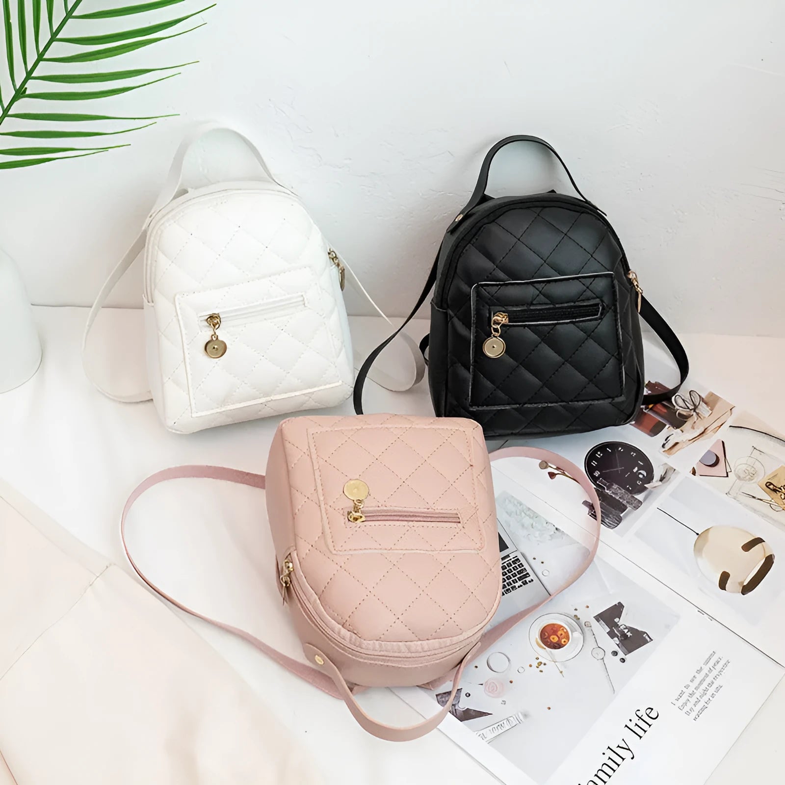 Korean style embroidered hard shell backpack for girls in black, pink, or white.