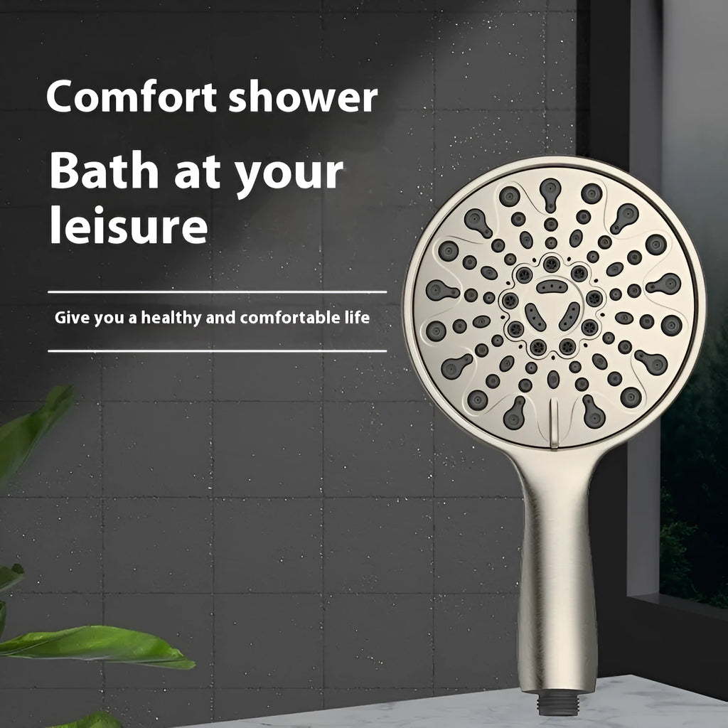 Portable handheld shower head with six spray functions and electroplated metallic finish