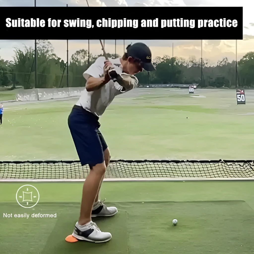 Orange natural rubber golf training mat for swing practice and centre of gravity control